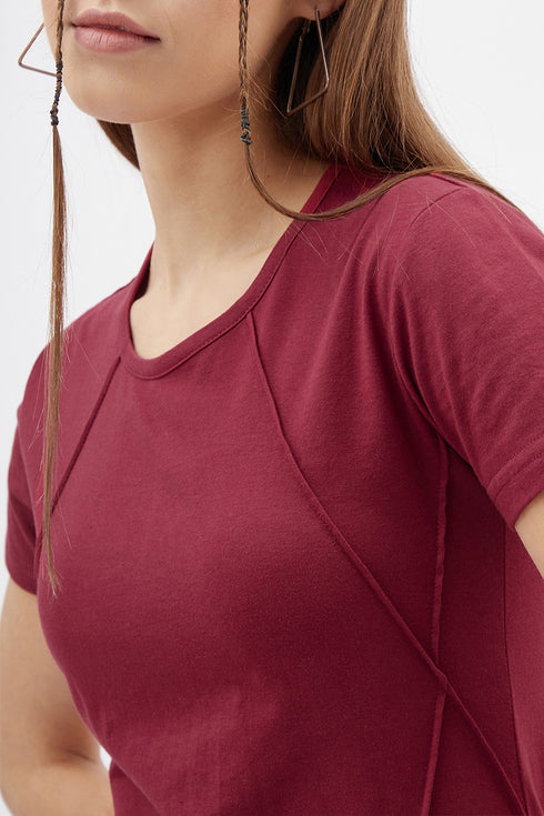 Women Maroon Round Neck Half Sleeves T-Shirt